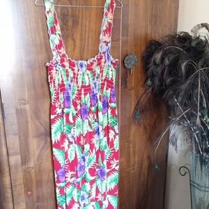 Tropical Red Maxi Dress with Smocked Bodice